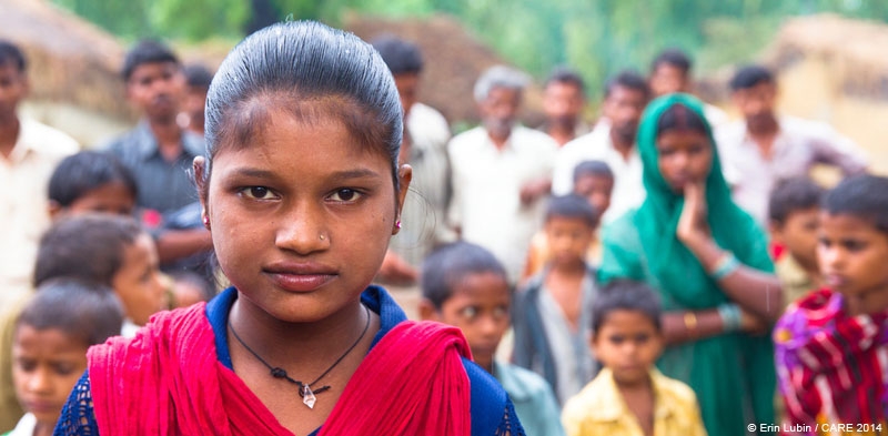 A teenage girl at a community gathering in a village near Hardoi, India