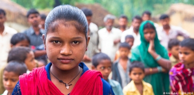 A teenage girl at a community gathering in a village near Hardoi, India