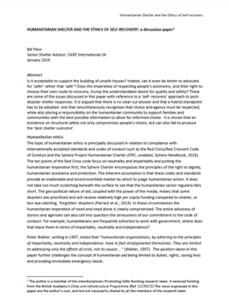 Humanitarian shelter and the ethics of self-recovery: A discussion paper