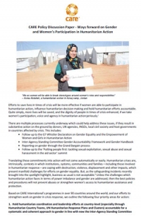 Ways forward on gender and women&rsquo;s participation in humanitarian action