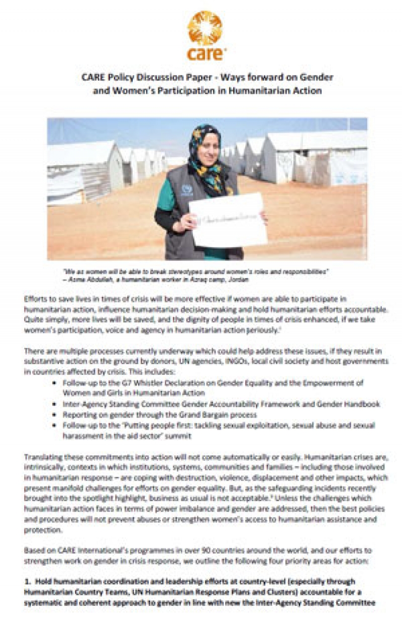 Ways forward on gender and women&rsquo;s participation in humanitarian action