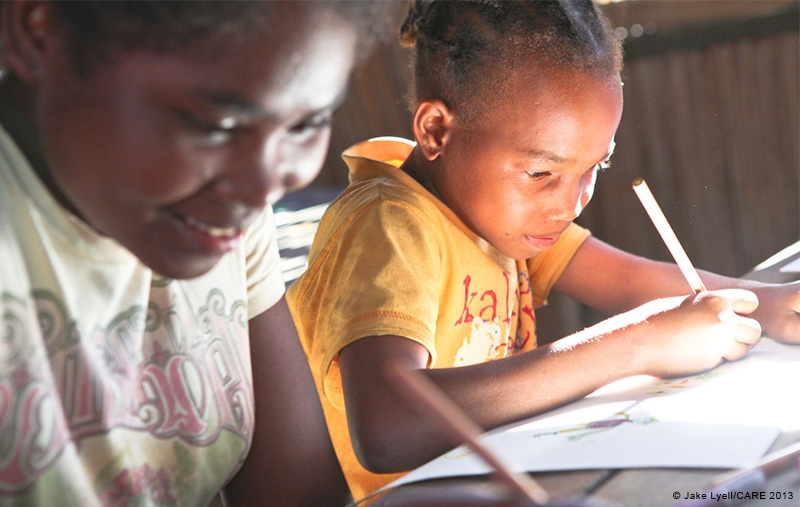 Angeline and Clarette at school in Ampaho village, Vatomandry District, Madagascar