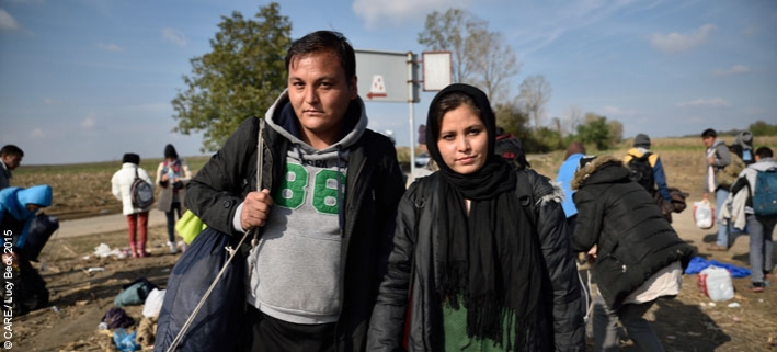 Two refugees from Afghanistan pictured by a roadside near the Serbia-Croatia border in 2015