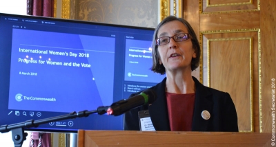 Helen Pankhurst delivering the International Women&rsquo;s Day Keynote Speech at the Commonwealth Secretariat