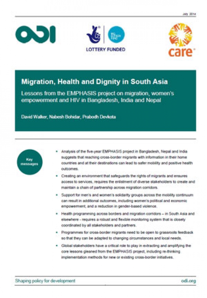 Migration, health and dignity in South Asia: Lessons from the EMPHASIS project on migration, women&rsquo;s empowerment and HIV in Bangladesh, India and Nepal