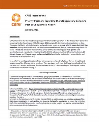CARE International Priority Positions regarding the UN Secretary General&rsquo;s Post-2015 Synthesis Report