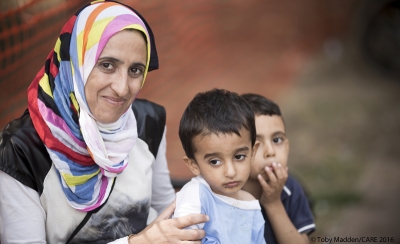 Dana (name changed) and her sons Mohammad (aged 4) and Abdulsalam (aged 2) in a park near the bus station in Belgrade, Serbia 