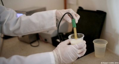 Milk being tested at a community milk collection hub in the West Bank
