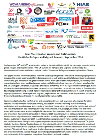 Joint Statement on Women and Girls towards the Global Refugee and Migrant Summits, September 2016