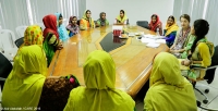 Garment workers attend a meeting at a factory in Gazipur, Bangladesh