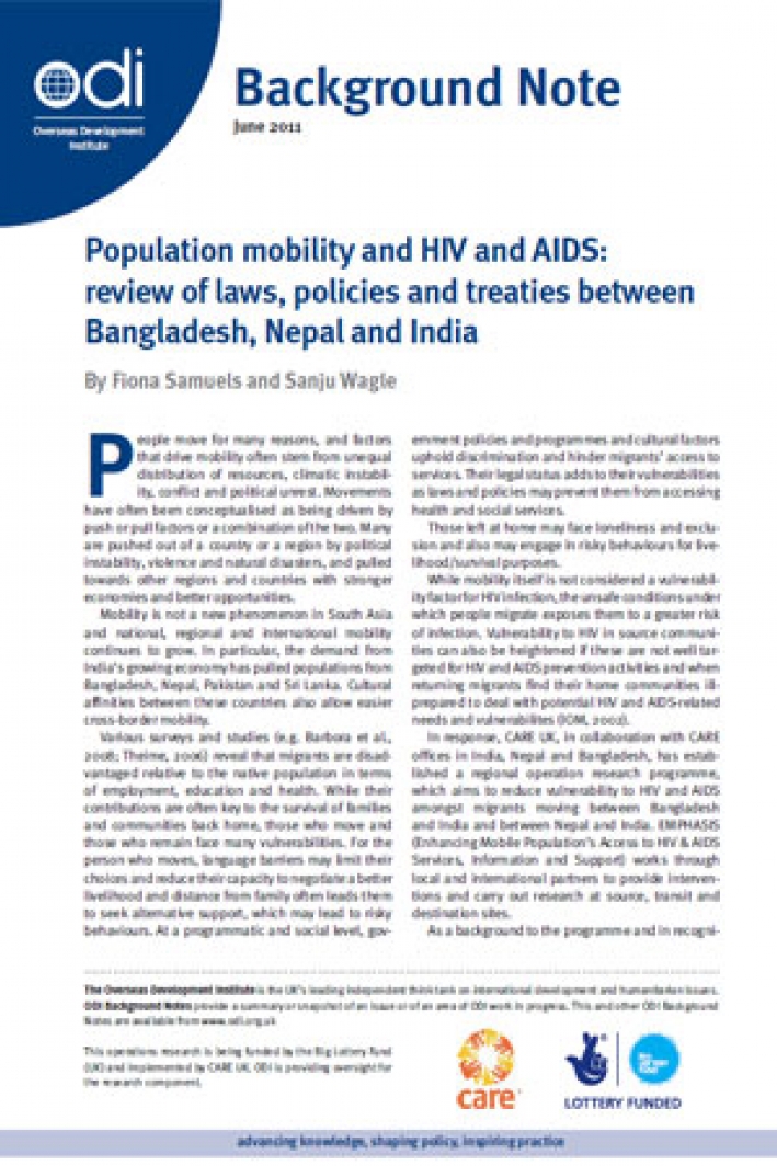 Population mobility and HIV and AIDS: review of laws, policies and treaties between Bangladesh, Nepal and India