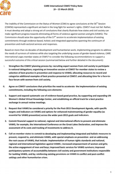 Commission on the Status of Women Policy Note 2013