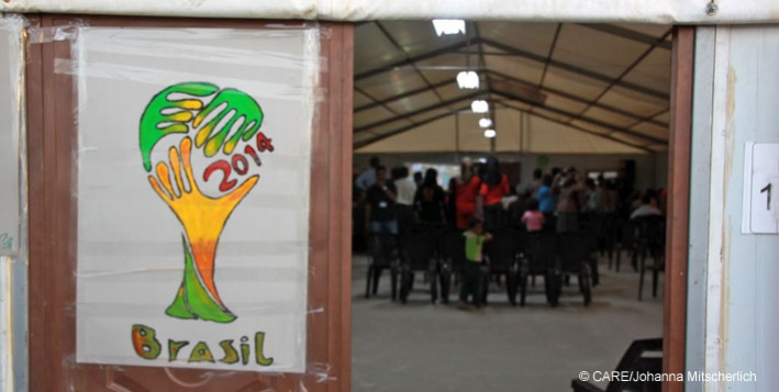 Syrian refugees watching the World Cup in CARE&rsquo;s Community Centre in Azraq Camp, Jordan