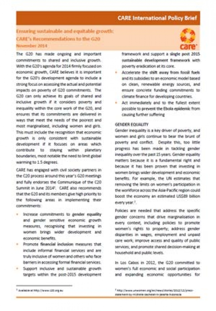 Ensuring sustainable and equitable growth: CARE&rsquo;s recommendations to the G20