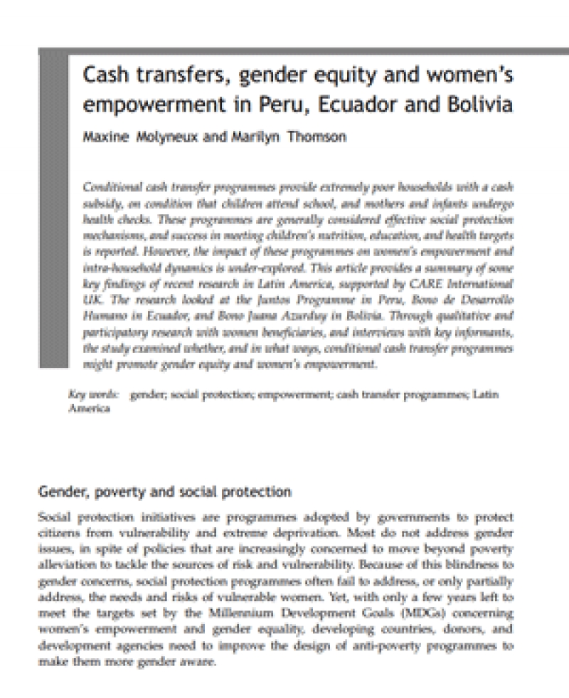 Cash transfers, gender equity and women's empowerment in Peru, Ecuador and Bolivia