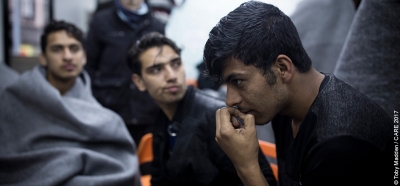Young men at a refugee centre in Belgrade, Serbia