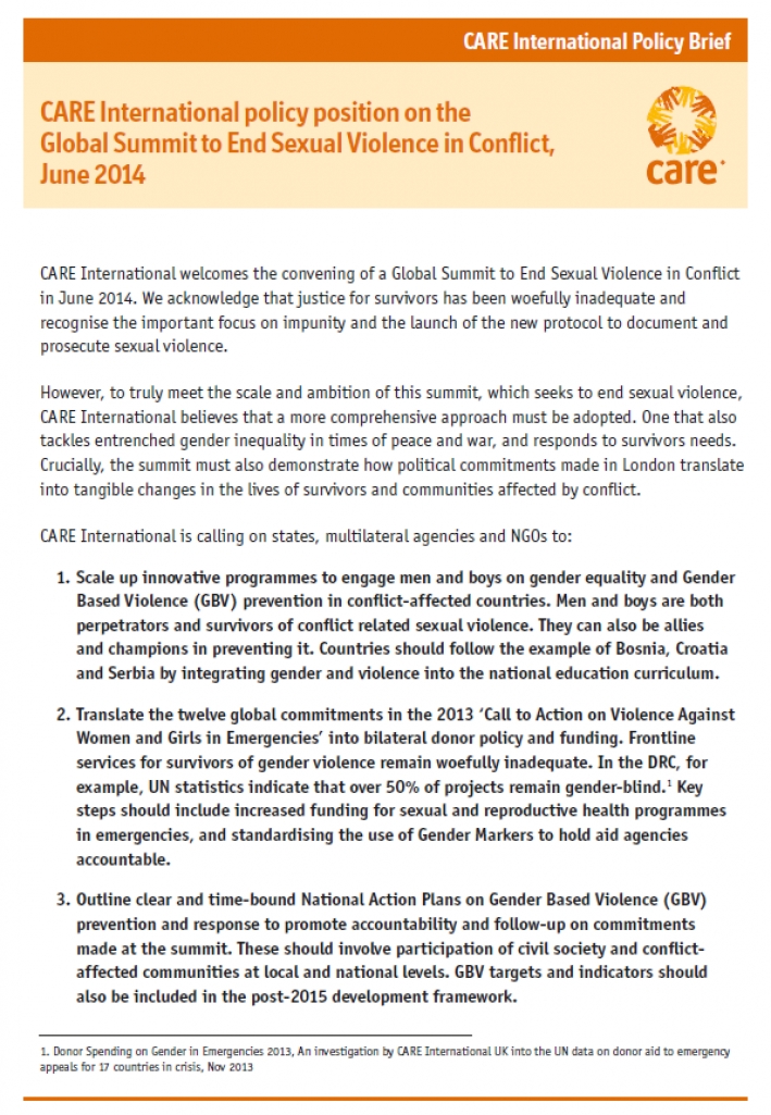 CARE International policy position on the Global Summit to End Sexual Violence in Conflict, June 2014