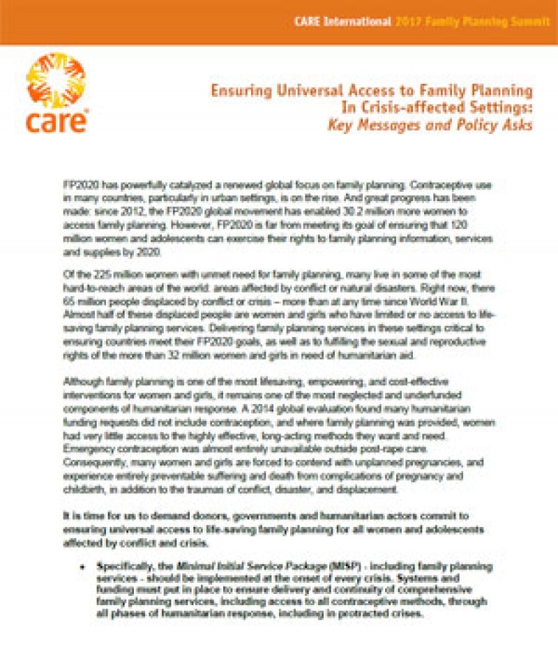 Ensuring universal access to family planning in crisis-affected settings: Key messages and policy asks