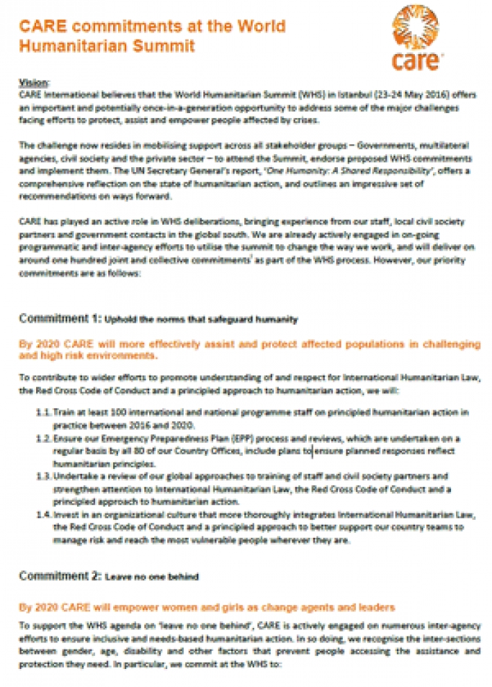 CARE commitments at the World Humanitarian Summit