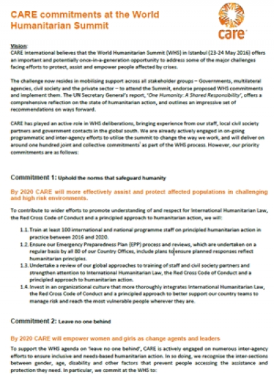 CARE commitments at the World Humanitarian Summit