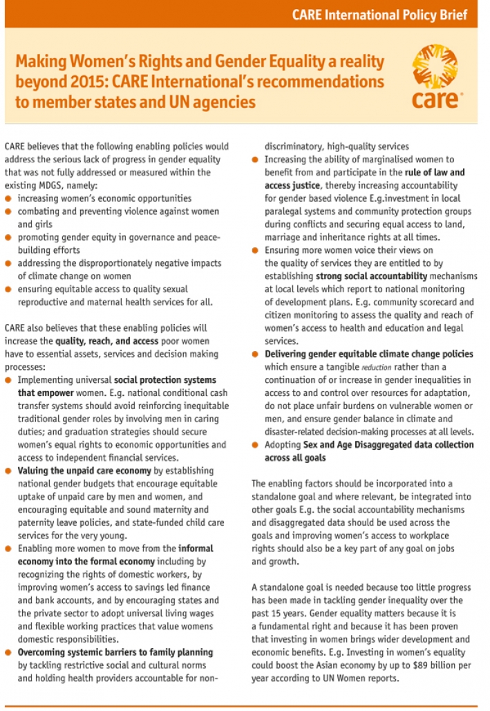 Making Women's Rights and Gender Equality a reality beyond 2015: CARE International's recommendations to member states and UN agencies