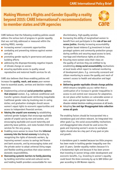 Making Women's Rights and Gender Equality a reality beyond 2015: CARE International's recommendations to member states and UN agencies