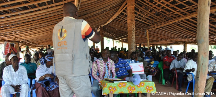 A meeting of the community development committee at Sikabatou Village, Cote d'Ivoire, organised under the Cocoa Life program