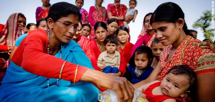 Ganga Devi (left), a community health worker, at a maternal health meeting in a village near Dhangadhi, Nepal (photo taken June, 2010)