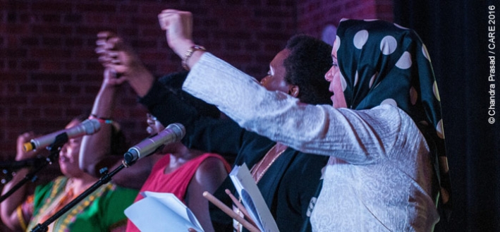 Refugee women giving their testimonies at an event organised by CARE and Women for Refugee Women in London in September 2016 