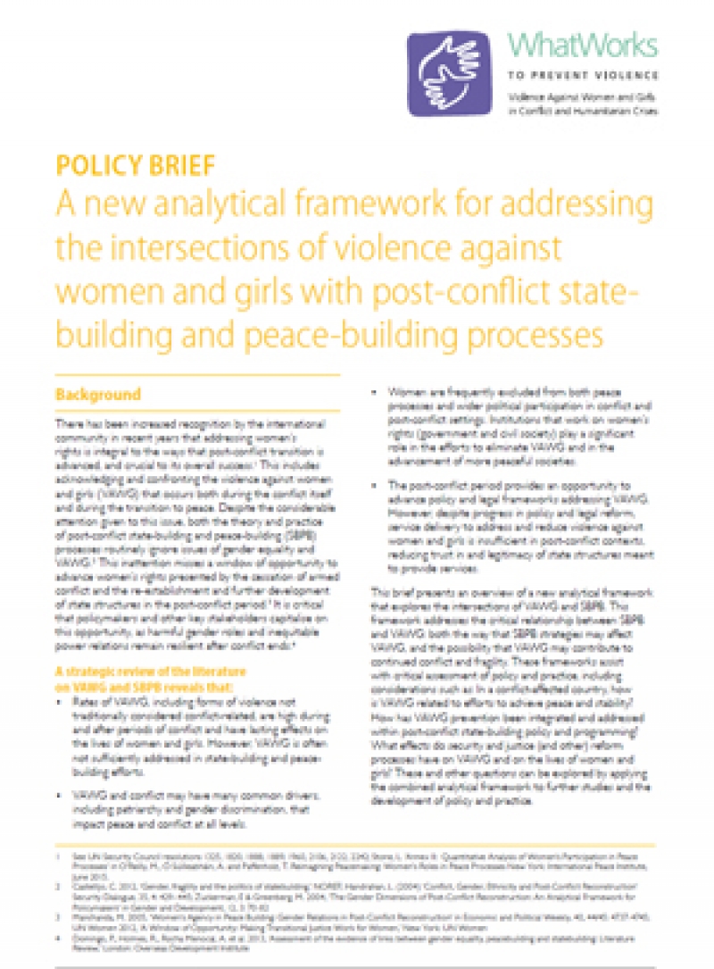 A new analytical framework for addressing the intersections of violence against women and girls with post-conflict statebuilding and peace-building processes